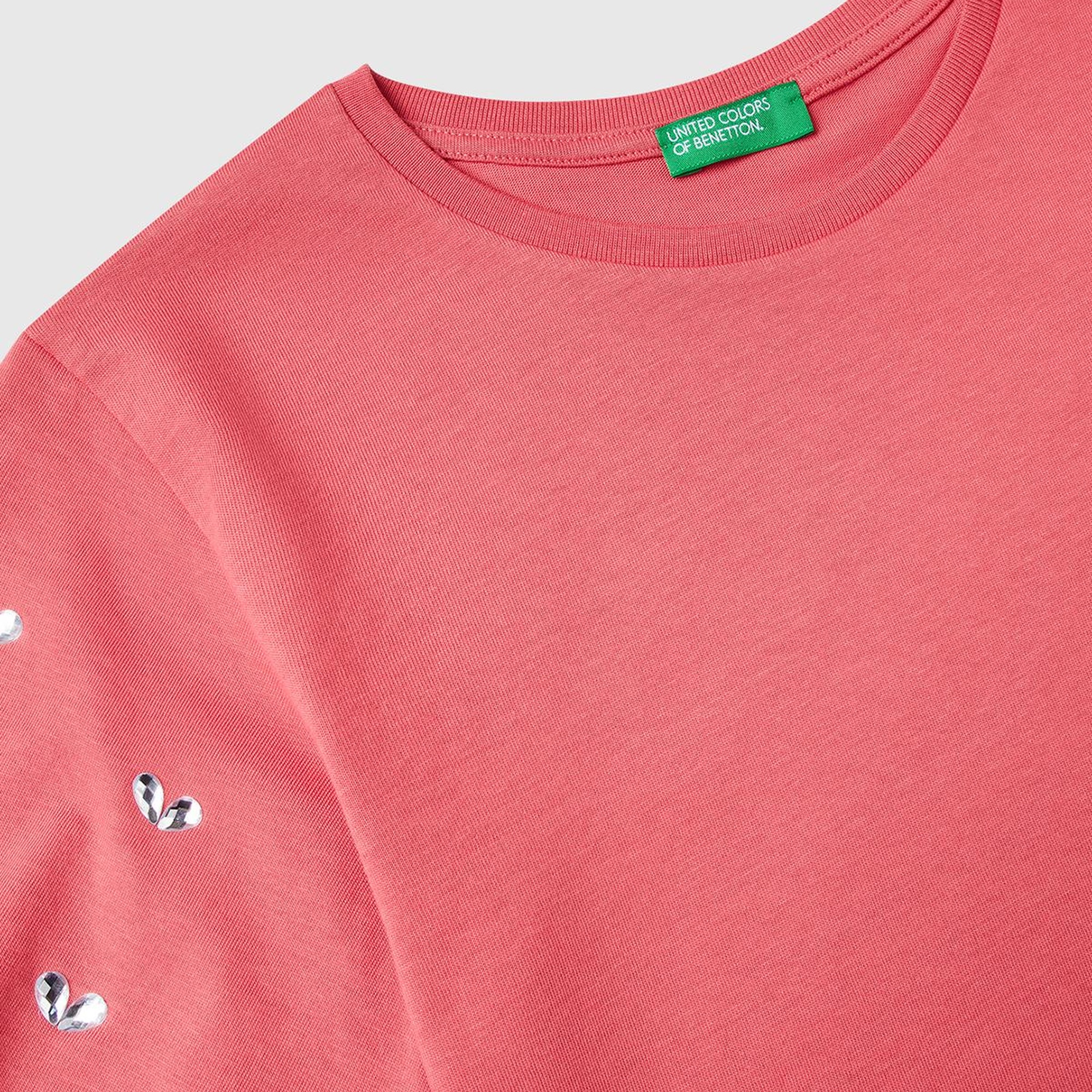 Kız Çocuk Fuşya Kolları Taş Detaylı Ribana Yakalı T-Shirt