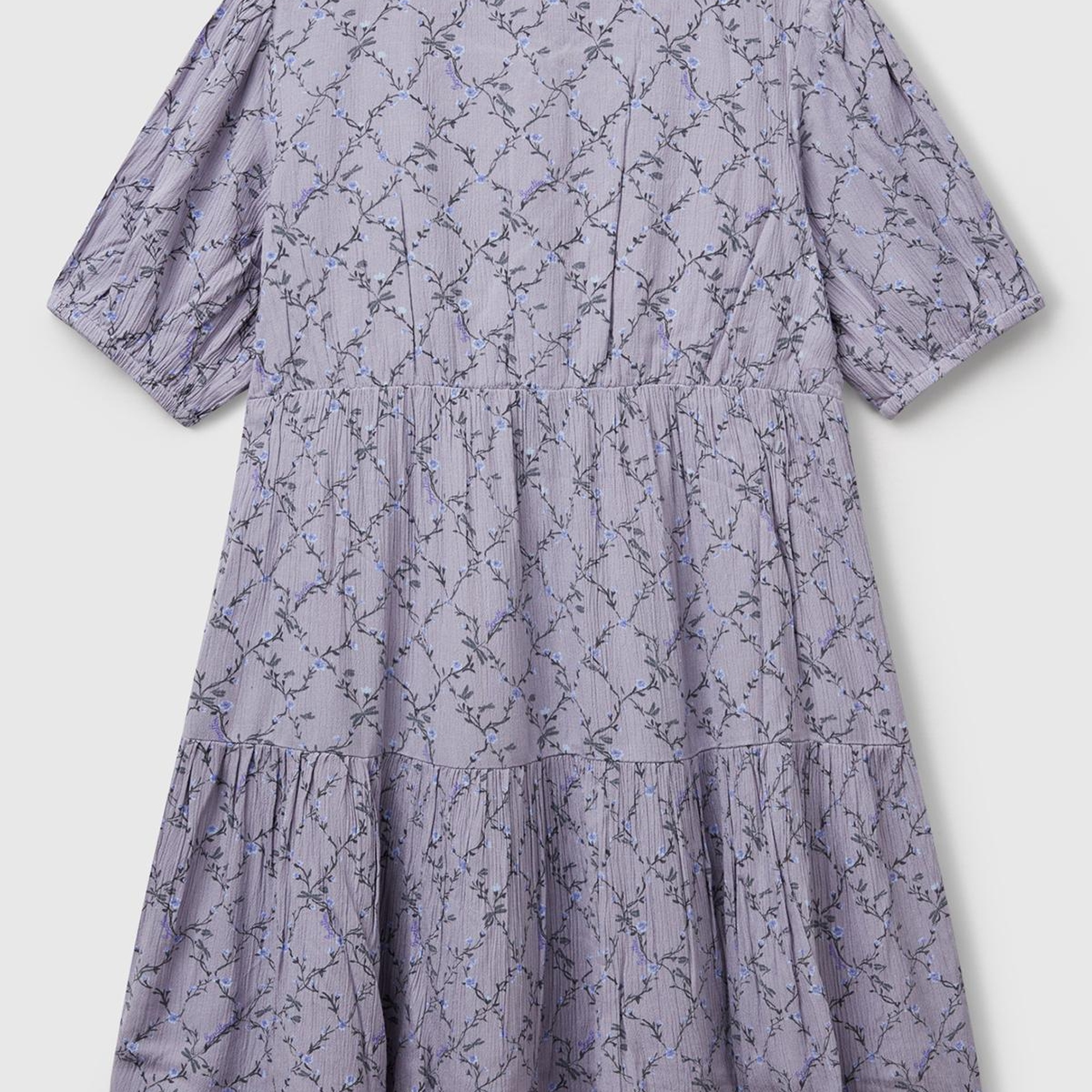 Kız Çocuk Mor Viskozlu Desenli Önü Düğmeli Pileli Katlı Kısa Kollu Elbise