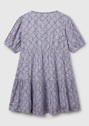  Kız Çocuk Mor Viskozlu Desenli Önü Düğmeli Pileli Katlı Kısa Kollu Elbise