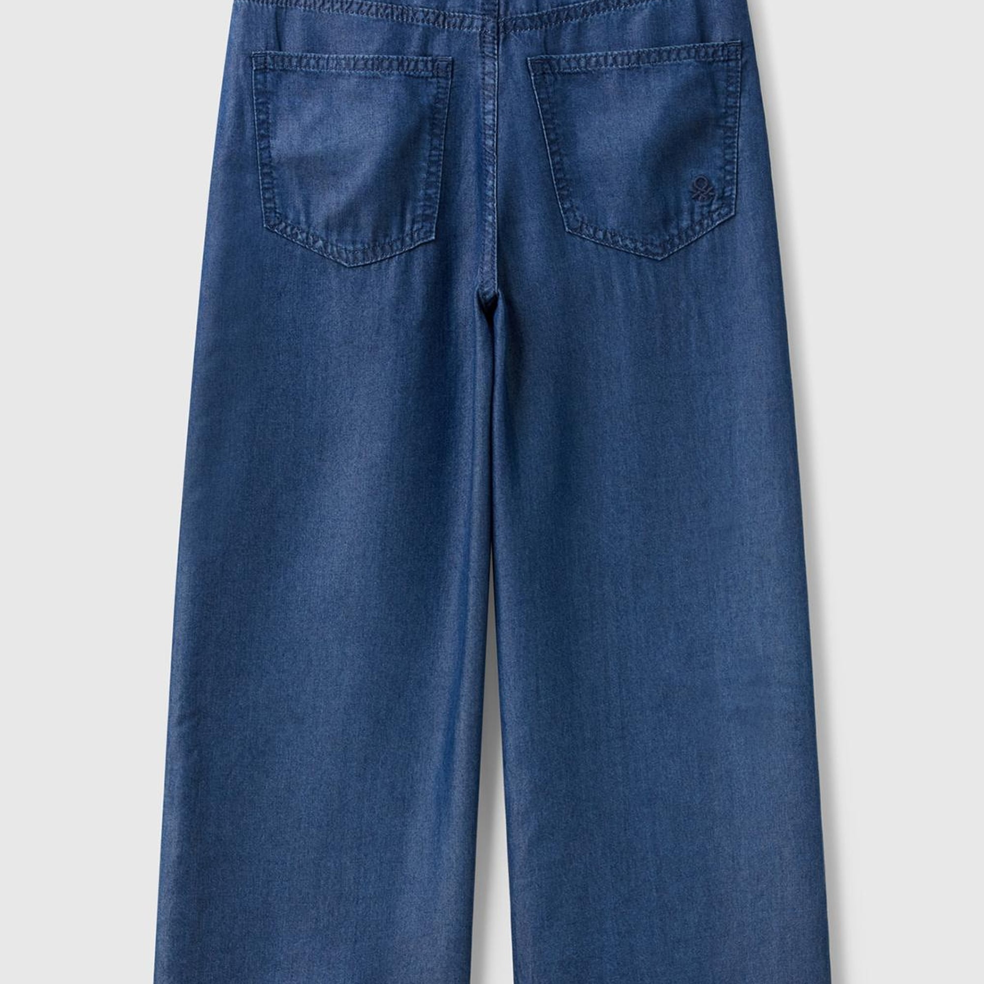 Kız Çocuk Koyu Denim %100 Liyosel Beli Kuşaklı Wide Fit Denim Pantolon