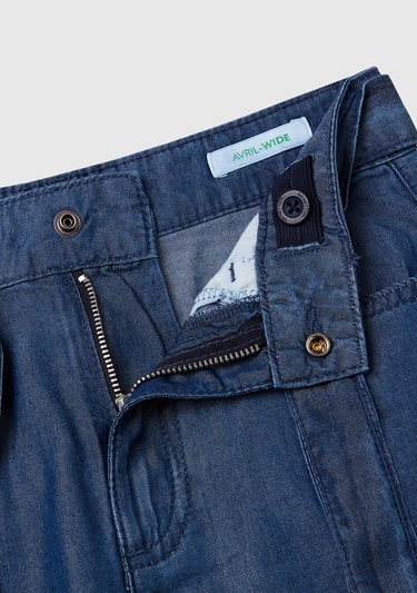  Kız Çocuk Koyu Denim %100 Liyosel Beli Kuşaklı Wide Fit Denim Pantolon