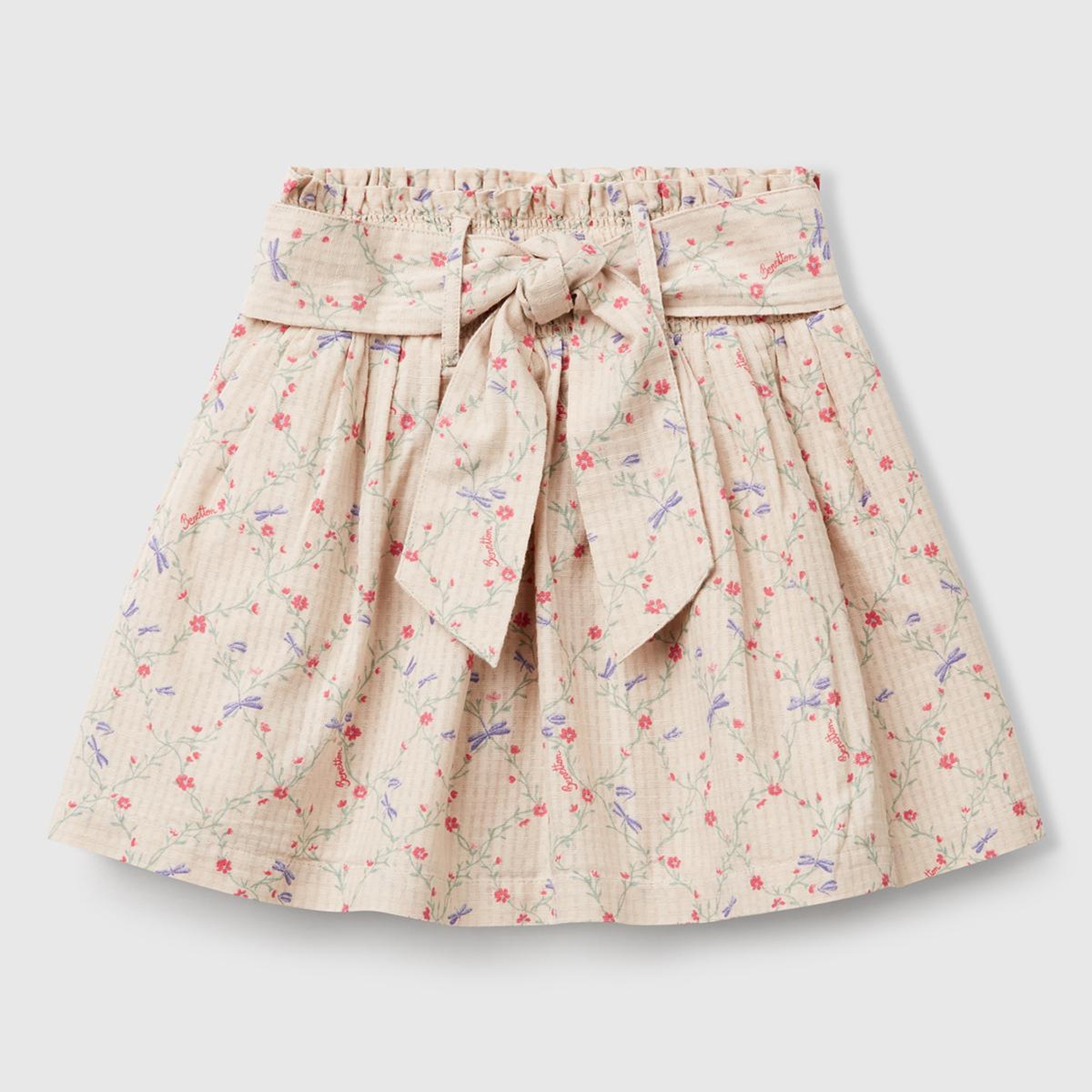 Kız Çocuk Ekru Gofre Kumaş Çiçek Desenli Beli Lastikli Kuşaklı Etek