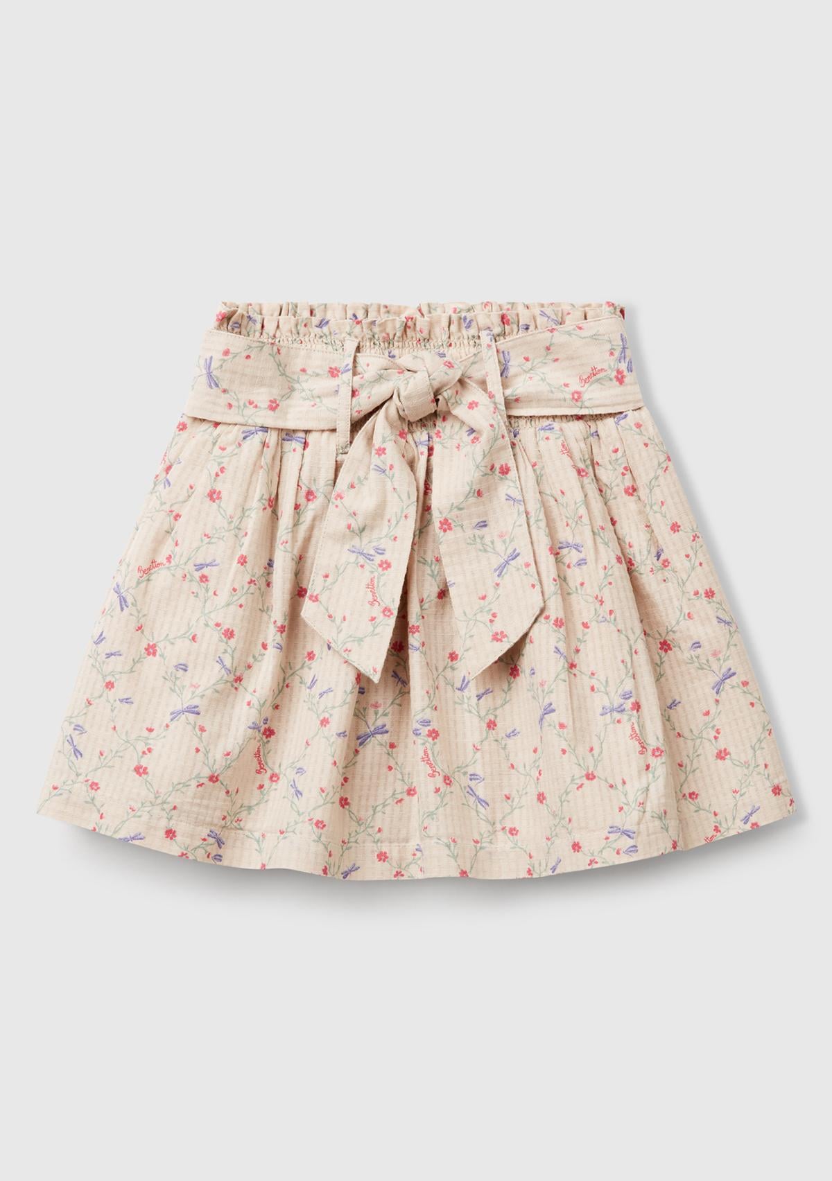  Kız Çocuk Ekru Gofre Kumaş Çiçek Desenli Beli Lastikli Kuşaklı Etek