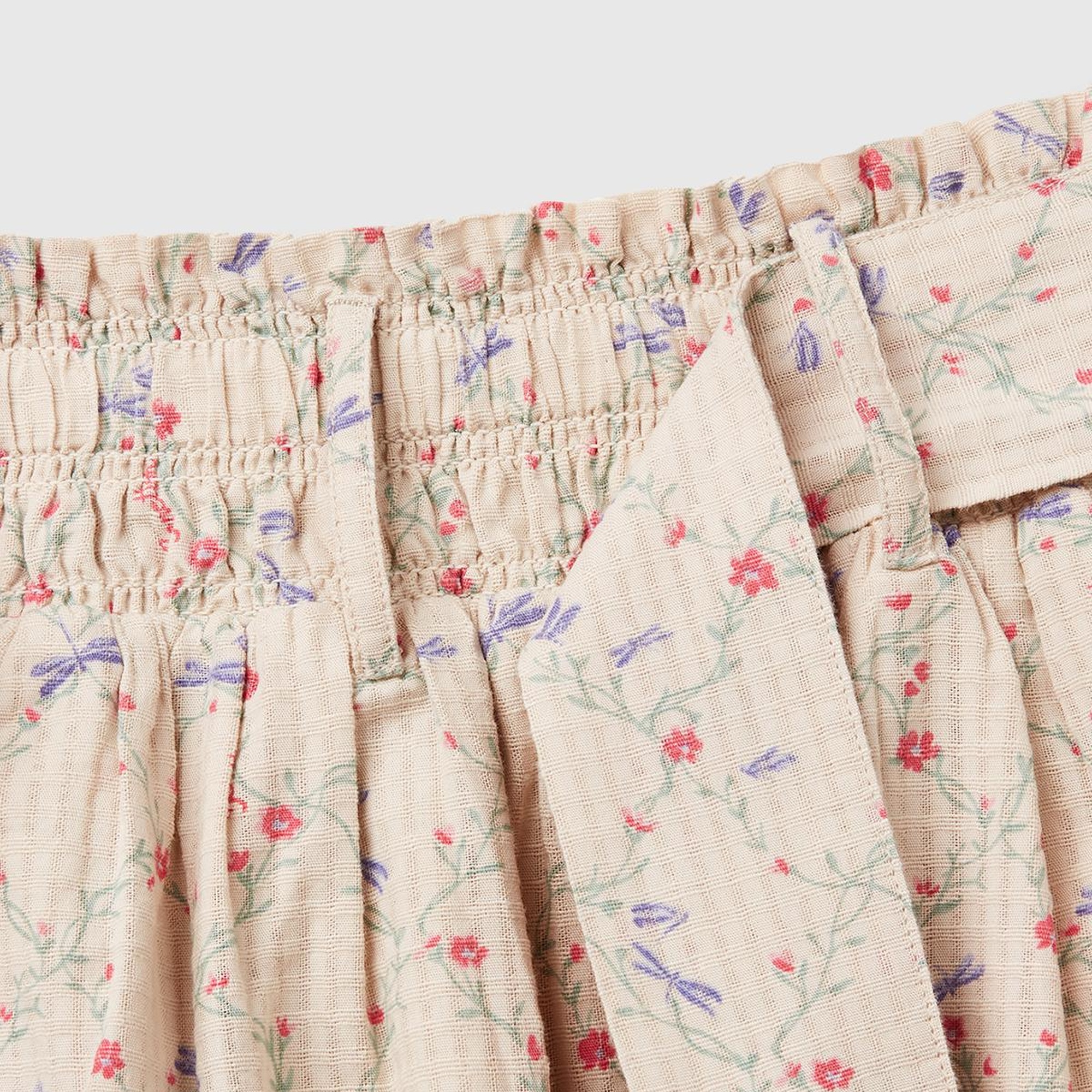 Kız Çocuk Ekru Gofre Kumaş Çiçek Desenli Beli Lastikli Kuşaklı Etek