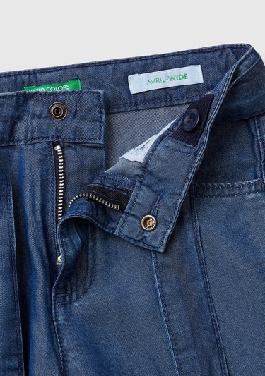  Kız Çocuk Koyu Denim %100 Liyosel Taş Yıkama Kuşaklı Wide Leg Denim Pantolon