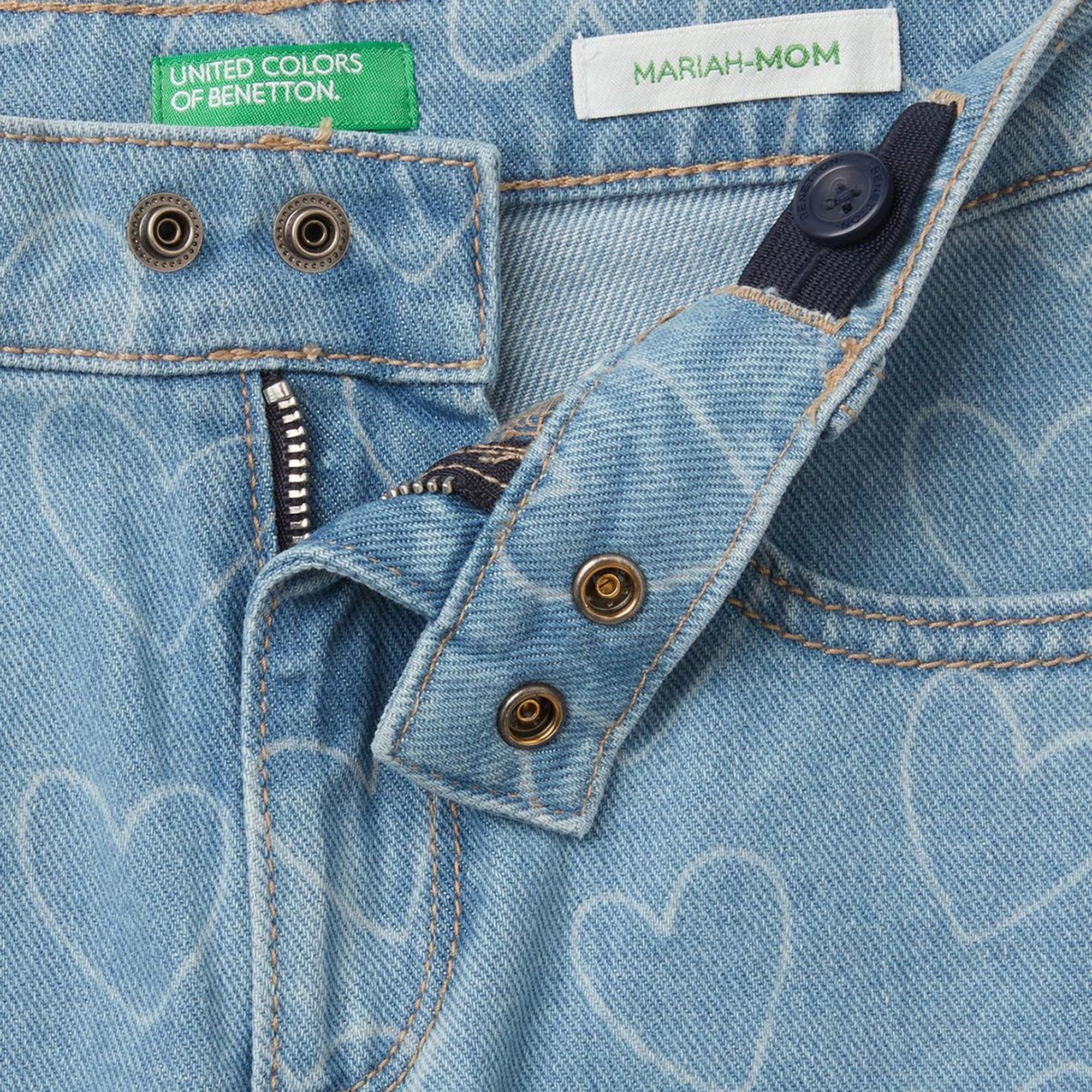 Kız Çocuk Denim Kalp Baskılı Beli Lastikli Mom Fit Denim Pantolon