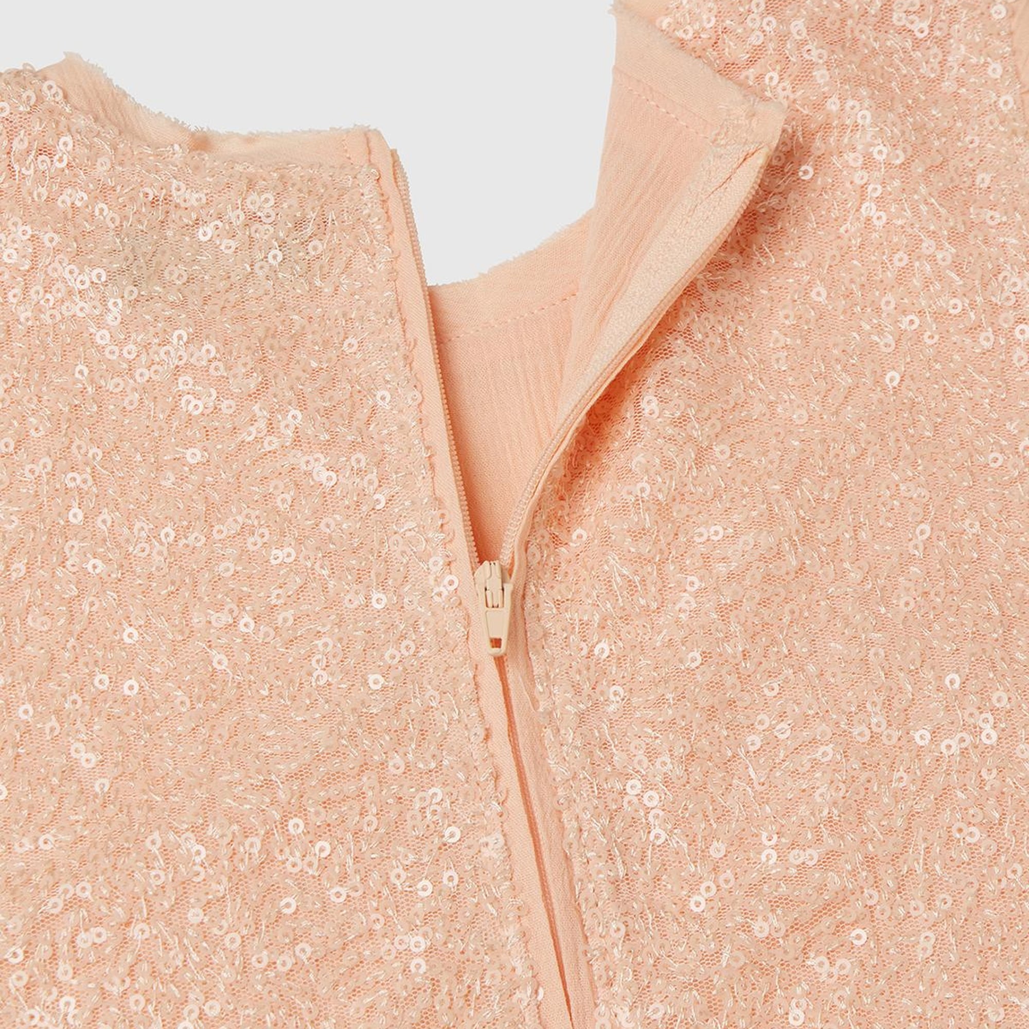 Kız Çocuk Yavruağzı Üstü Pullu Kumaşlı Astarlı Pileli Tül Etekli Kolsuz Elbise