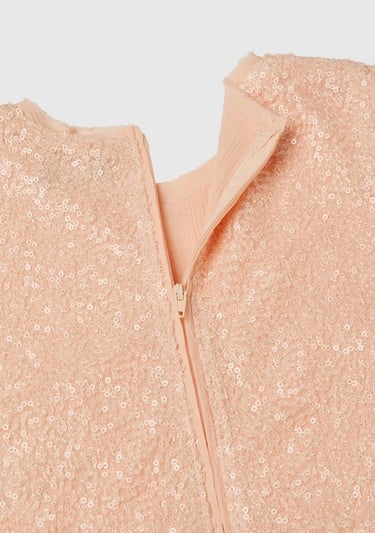  Kız Çocuk Yavruağzı Üstü Pullu Kumaşlı Astarlı Pileli Tül Etekli Kolsuz Elbise