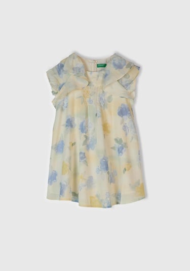  Kız Çocuk Sarı Mavi Tamamı Desenli Omzu Fırfır Detaylı Müslin Elbise