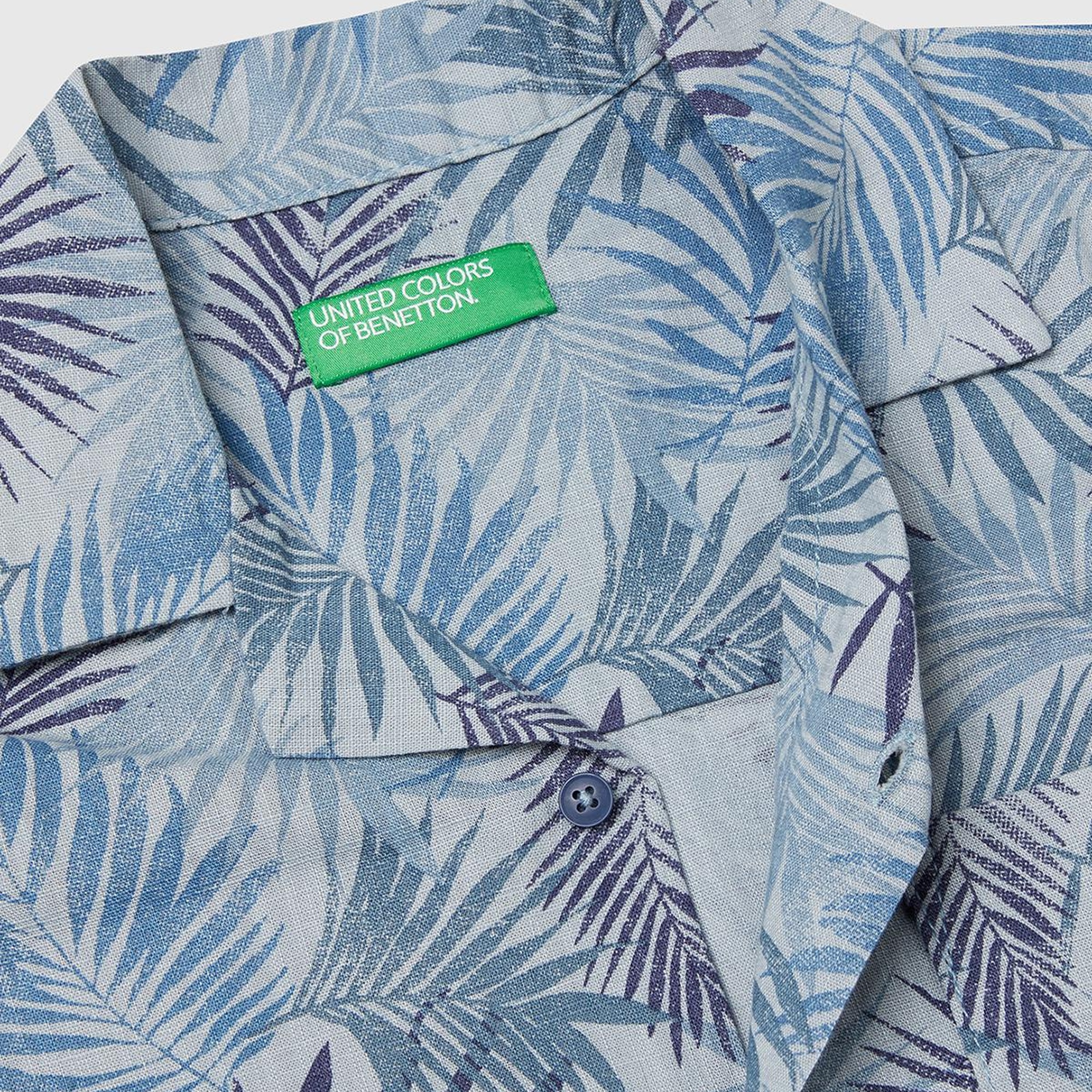 Erkek Çocuk Havacı Mavi Keten Karışımlı Tamamı Desenli Tek Cep Detaylı Kısa Kollu Gömlek