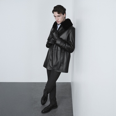  Erkek Siyah Gömlek Yakalı Deri Kaban