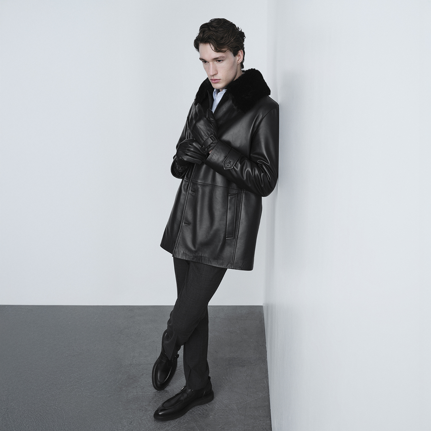  Erkek Siyah Gömlek Yakalı Deri Kaban