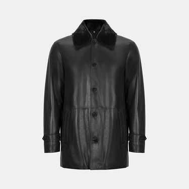  Erkek Siyah Gömlek Yakalı Deri Kaban