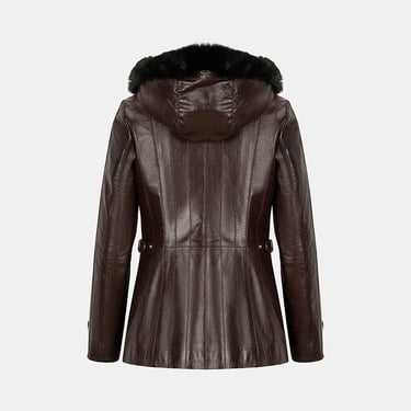  Kadın Bordo Kapüşonlu Deri Mont