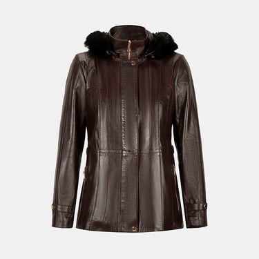  Kadın Bordo Kapüşonlu Deri Mont
