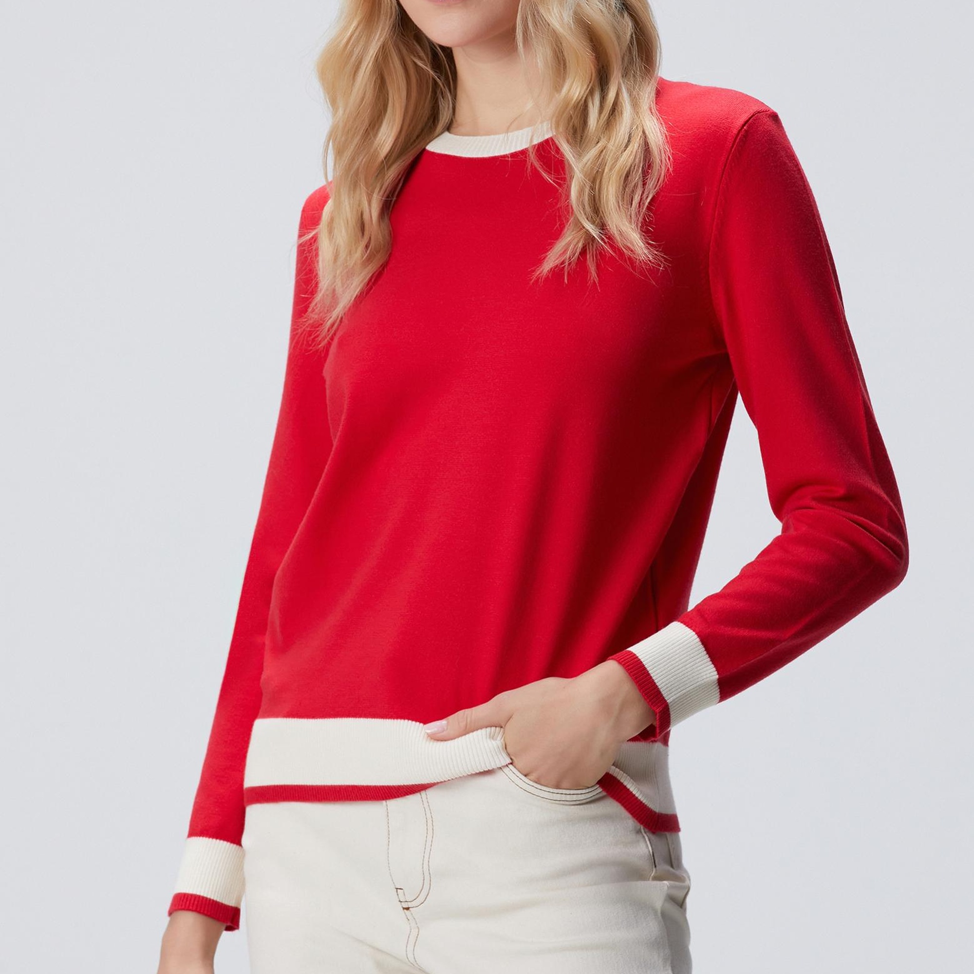 Network Kadın Kırmızı Bisiklet Yaka Kontrast Renk Kazak