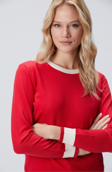  Network Kadın Kırmızı Bisiklet Yaka Kontrast Renk Kazak