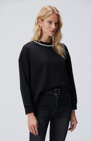  Network Kadın Siyah Yakası Taş İşlemeli Sweatshirt