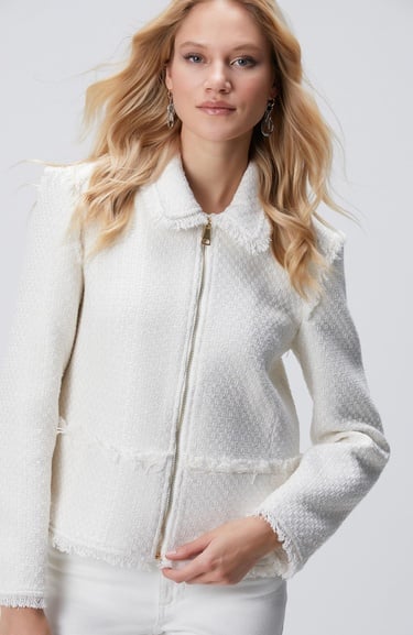  Network Kadın Kırık Beyaz Fermuarlı Püskül Detaylı Tweed Ceket