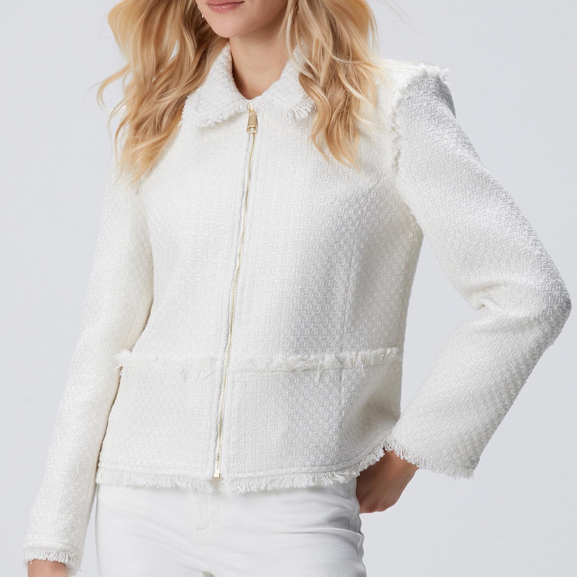 Network Kadın Kırık Beyaz Fermuarlı Püskül Detaylı Tweed Ceket