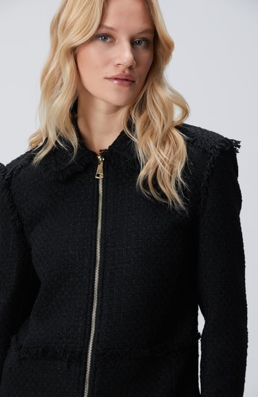  Network Kadın Siyah Fermuarlı Püskül Detaylı Tweed Ceket