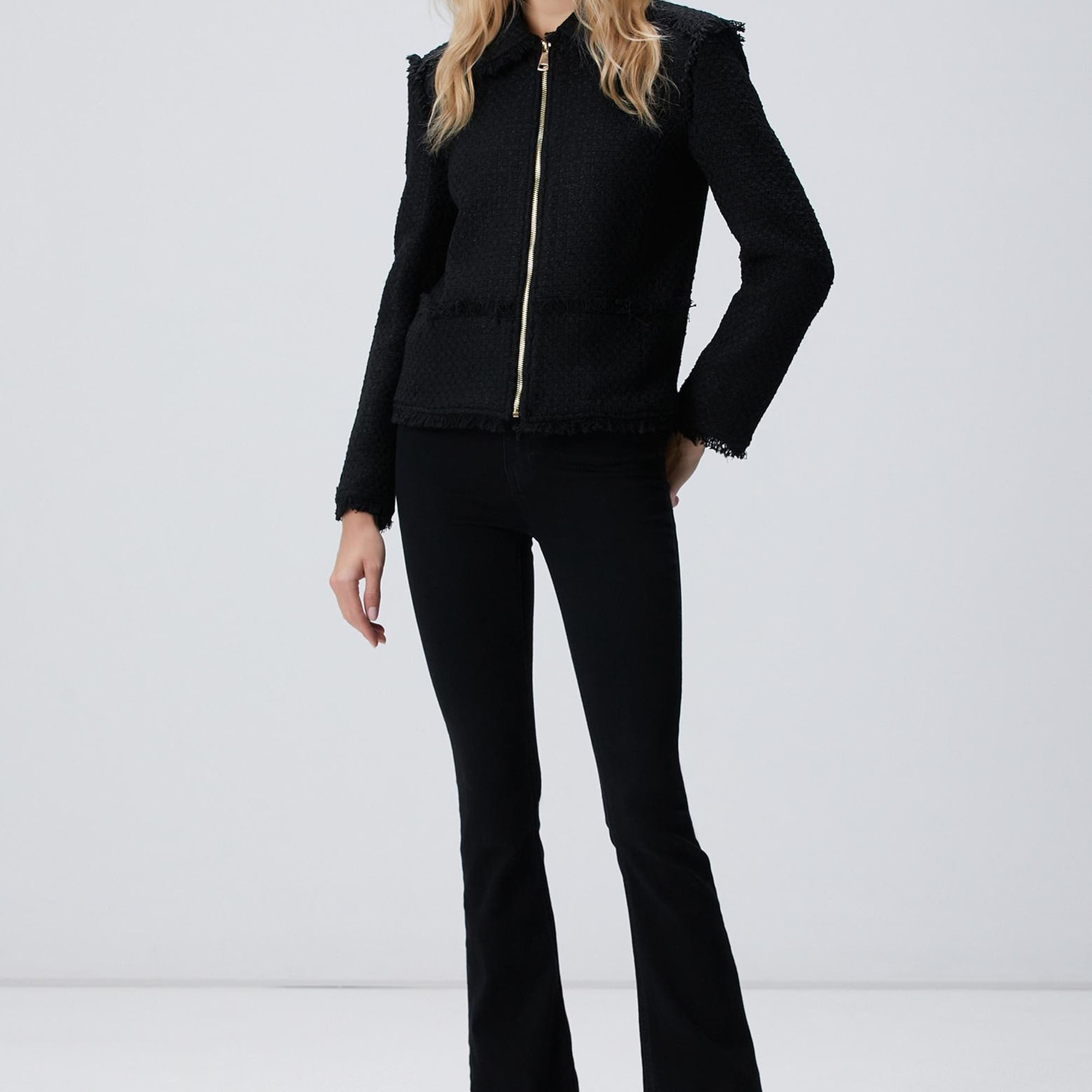 Network Kadın Siyah Fermuarlı Püskül Detaylı Tweed Ceket