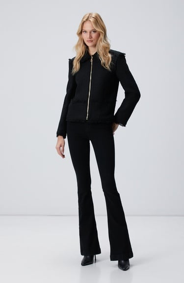  Network Kadın Siyah Fermuarlı Püskül Detaylı Tweed Ceket