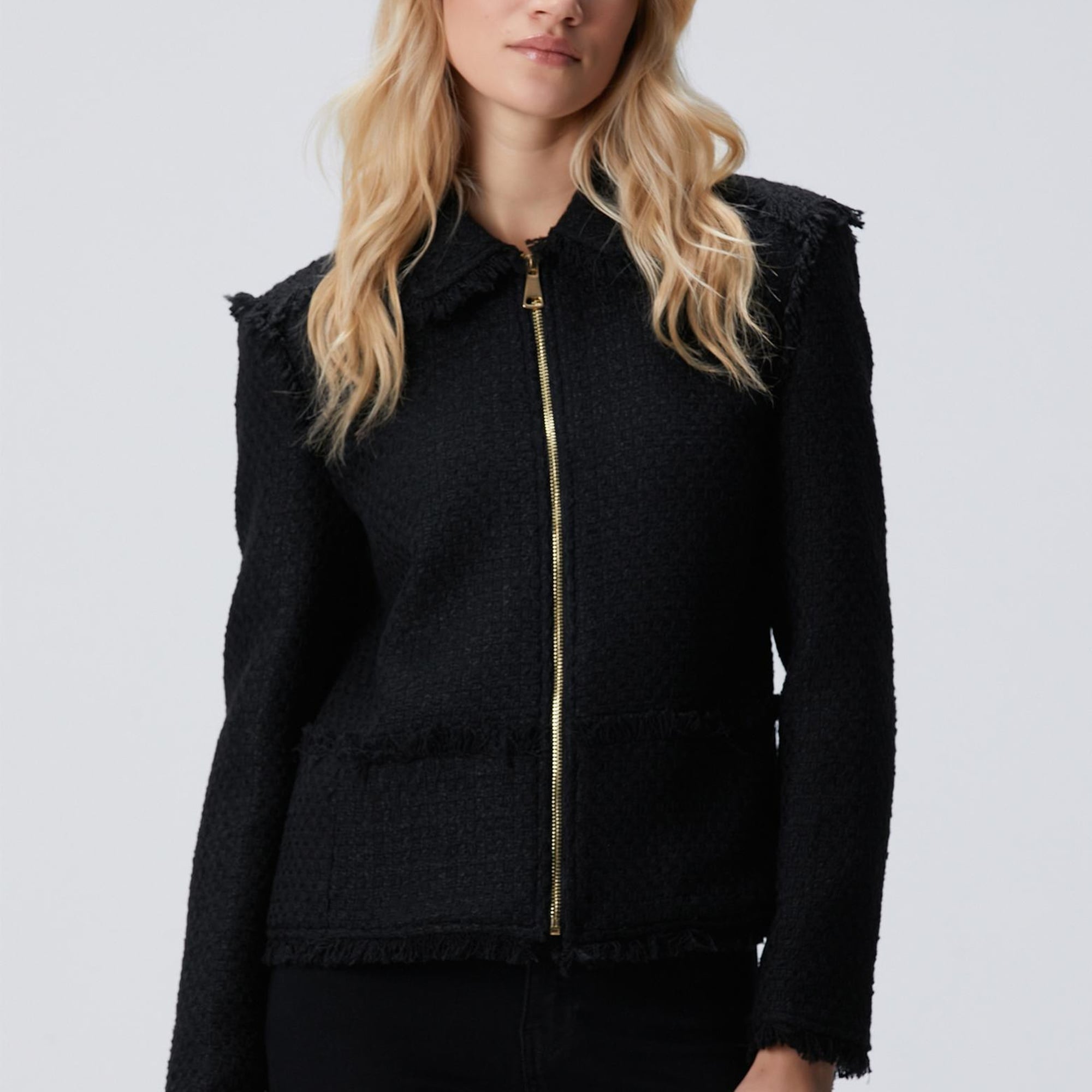 Network Kadın Siyah Fermuarlı Püskül Detaylı Tweed Ceket