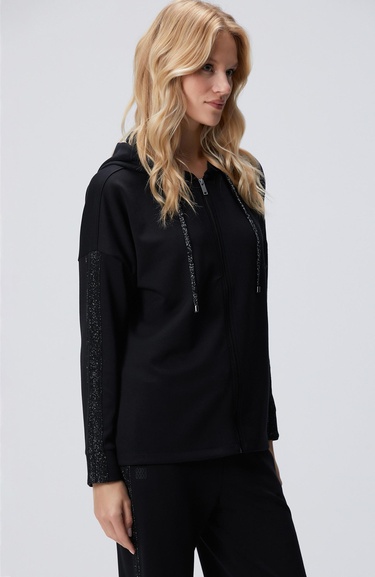  Network Kadın Siyah Kapüşonlu Triko Garnili Sweatshirt