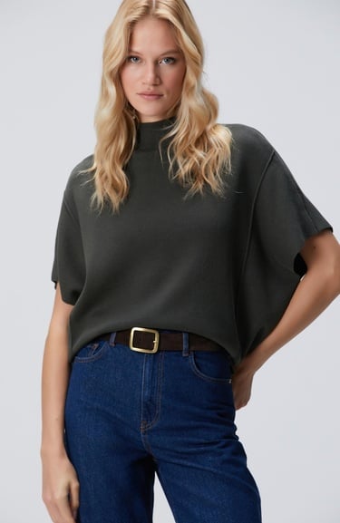  Network Kadın Haki Dik Yaka Kısa Kollu Nervür Detaylı Kazak