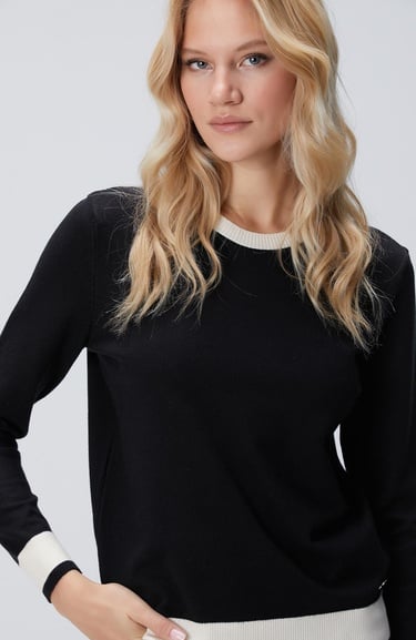  Network Kadın Siyah Bisiklet Yaka Kontrast Renk Kazak