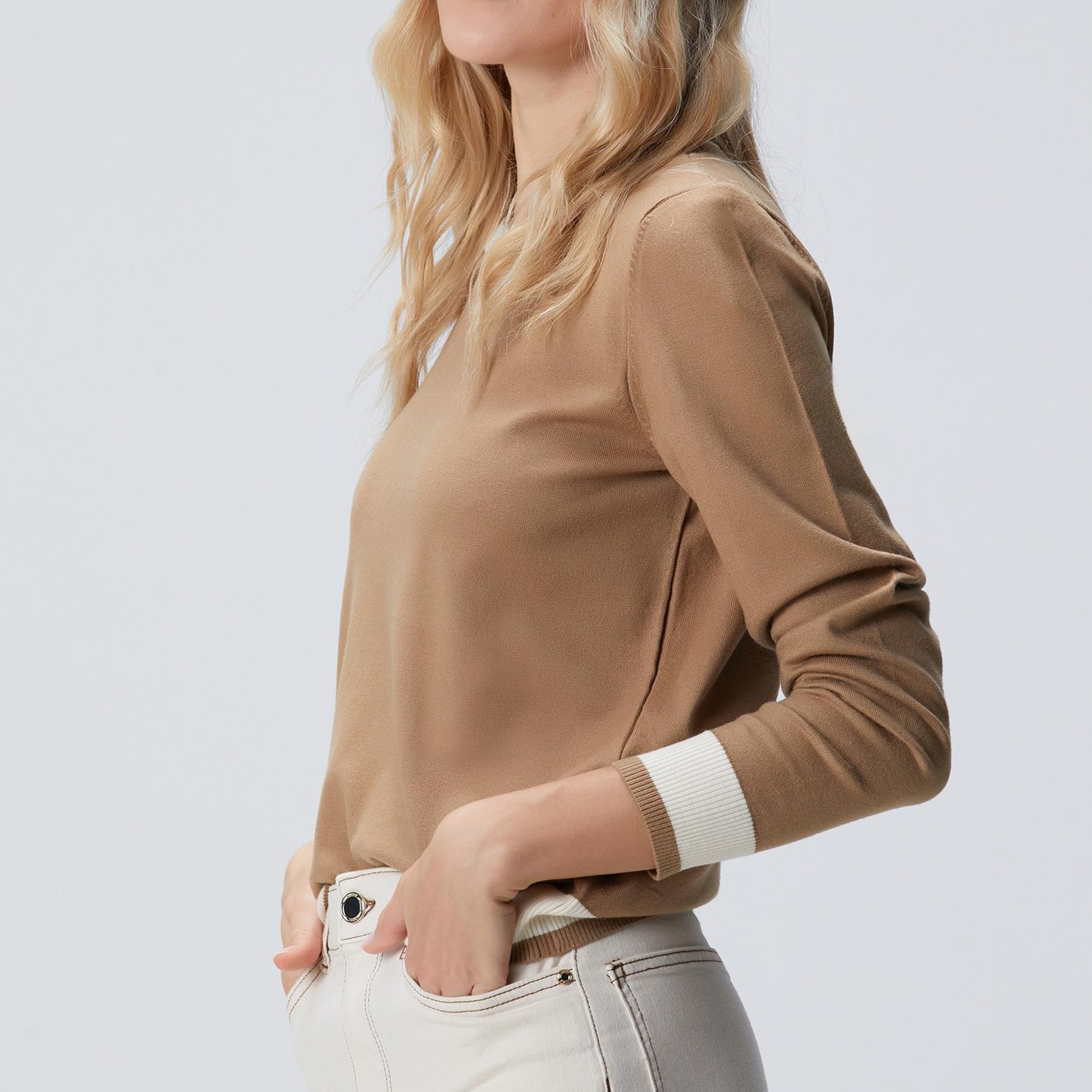 Network Kadın Camel Bisiklet Yaka Kontrast Renk Kazak