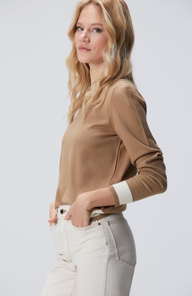  Network Kadın Camel Bisiklet Yaka Kontrast Renk Kazak