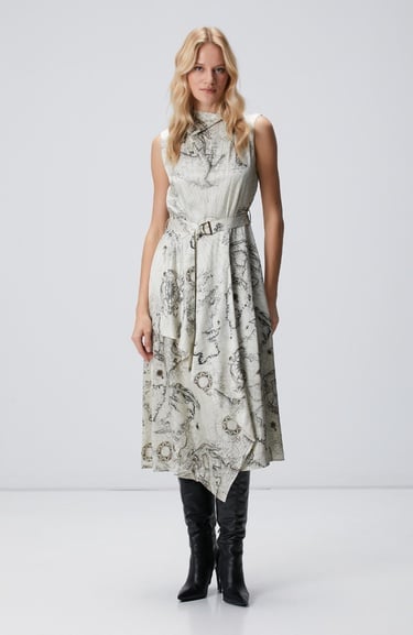  Network Kadın Limited Açık Bej Desenli İpek Karışımlı Elbise