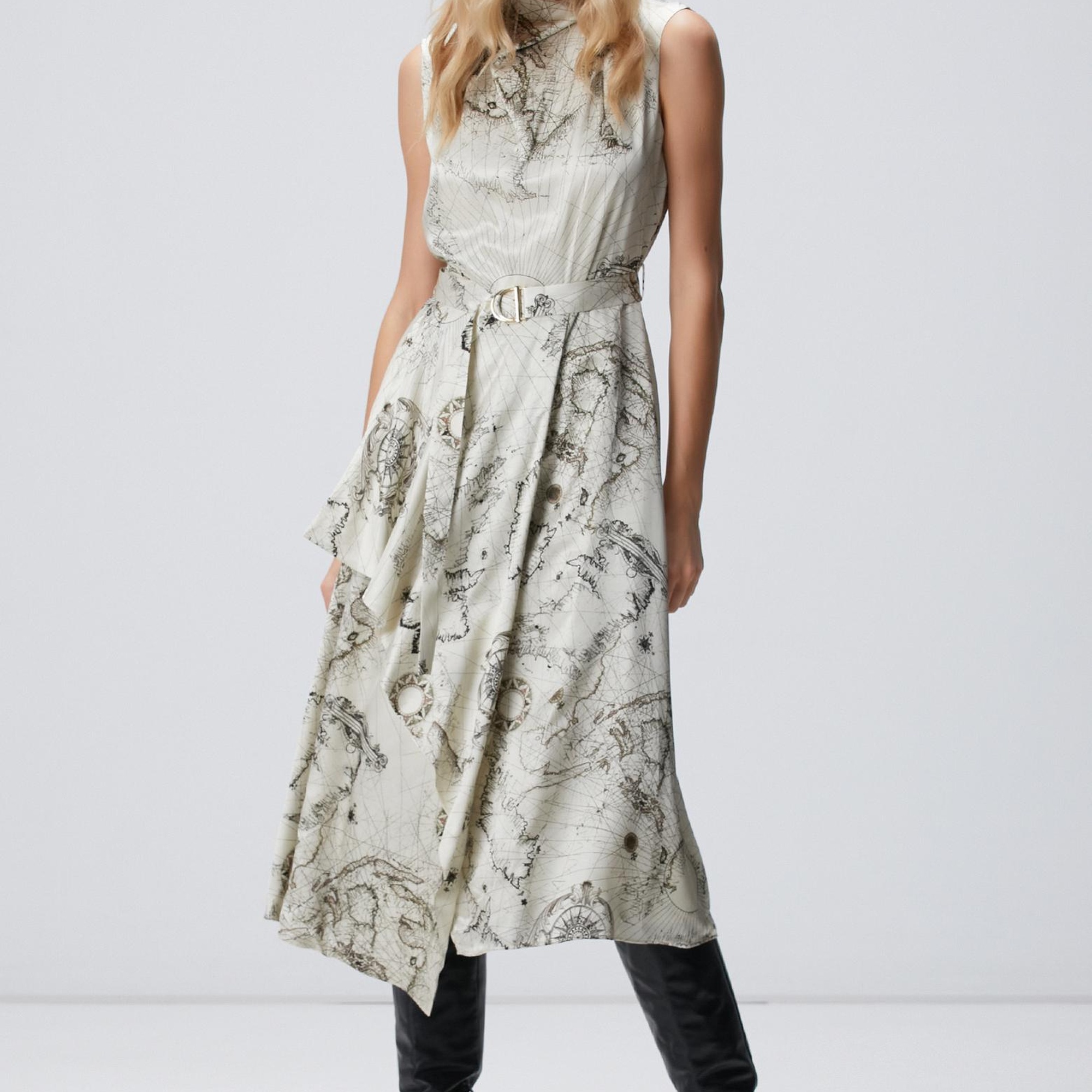 Network Kadın Limited Açık Bej Desenli İpek Karışımlı Elbise