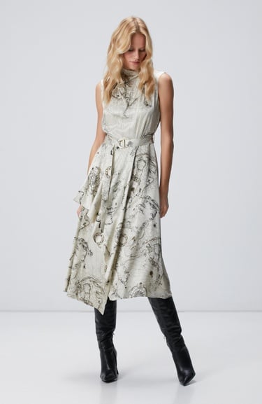  Network Kadın Limited Açık Bej Desenli İpek Karışımlı Elbise