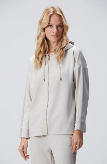  Network Kadın Bej Kapüşonlu Triko Garnili Sweatshirt