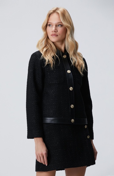  Network Kadın Siyah Düğmeli Garnili Kısa Tweed Ceket