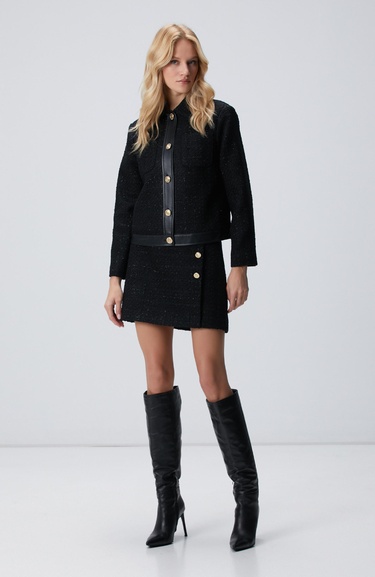  Network Kadın Siyah Düğmeli Garnili Kısa Tweed Ceket