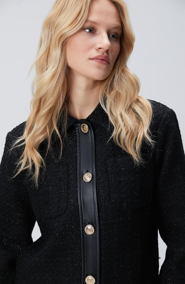  Network Kadın Siyah Düğmeli Garnili Kısa Tweed Ceket