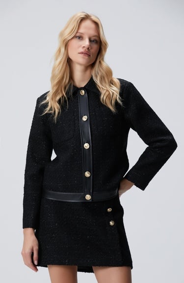  Network Kadın Siyah Düğmeli Garnili Kısa Tweed Ceket