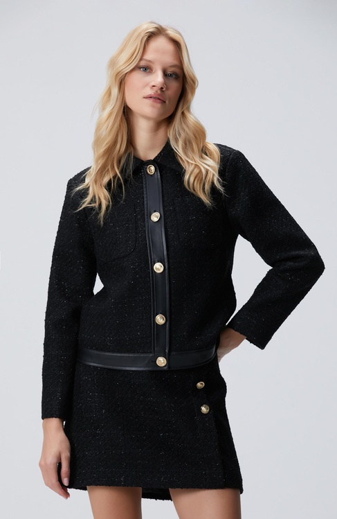  Network Kadın Siyah Düğmeli Garnili Kısa Tweed Ceket