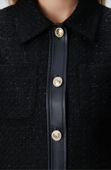  Network Kadın Siyah Düğmeli Garnili Kısa Tweed Ceket