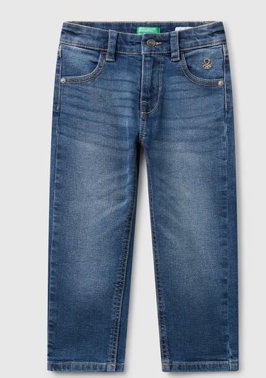  Erkek Çocuk Önü Logo İşlemeli 5 Cepli Ağartılmış Denim Pantolon