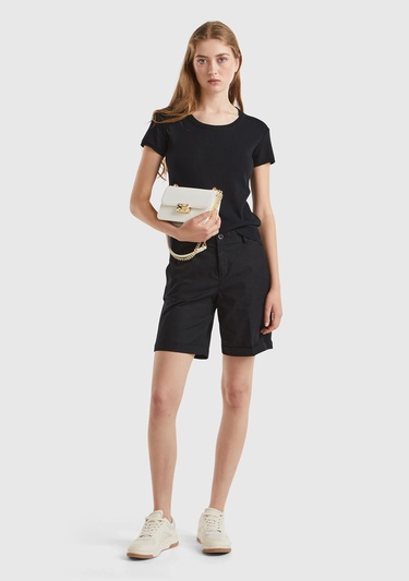  Kadın Siyah %100 Koton Bisiklet Yaka Kısa Kollu Kazak