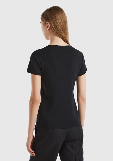  Kadın Siyah %100 Koton Bisiklet Yaka Kısa Kollu Kazak