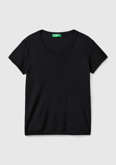  Kadın Siyah %100 Koton Bisiklet Yaka Kısa Kollu Kazak