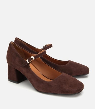  Kadın Süet Deri  Mary Jane Kahverengi  Kalın Topuklu Ayakkabı