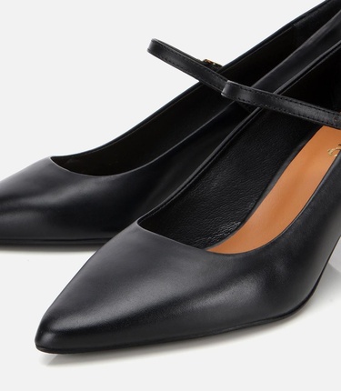  Kadın Deri Mary Jane Siyah  İnce Bantlı Stiletto