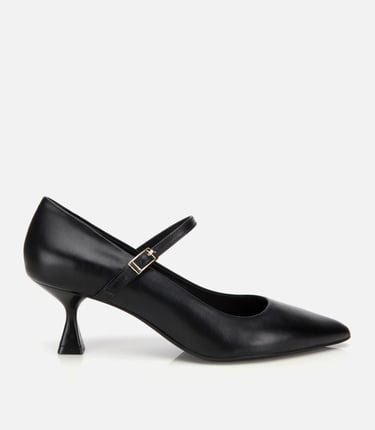  Kadın Deri Mary Jane Siyah  İnce Bantlı Stiletto